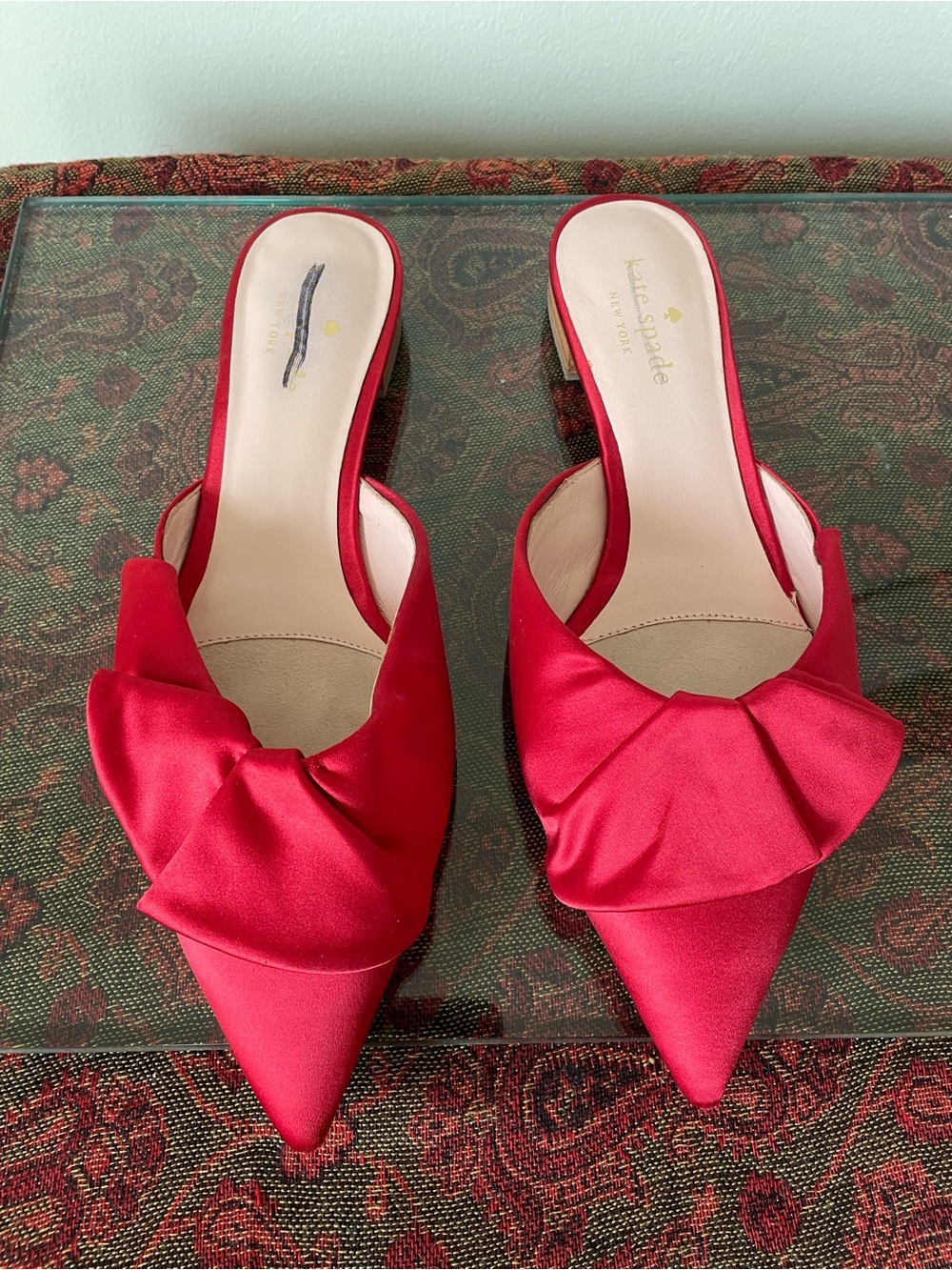 Kate Spade Red Satin Pointed-Bow Mule Christmas